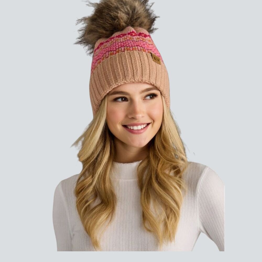 PANACHE Blush Pink & Orange Patterned Fleece Lined Pom Pom Beanie Hat - Picture 3 of 5